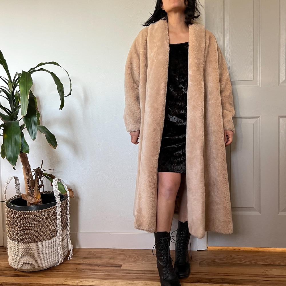 Vintage 50s Beige Faux Fur Swing Coat Old Hollywood Glam L XL - Picture 4 of 13